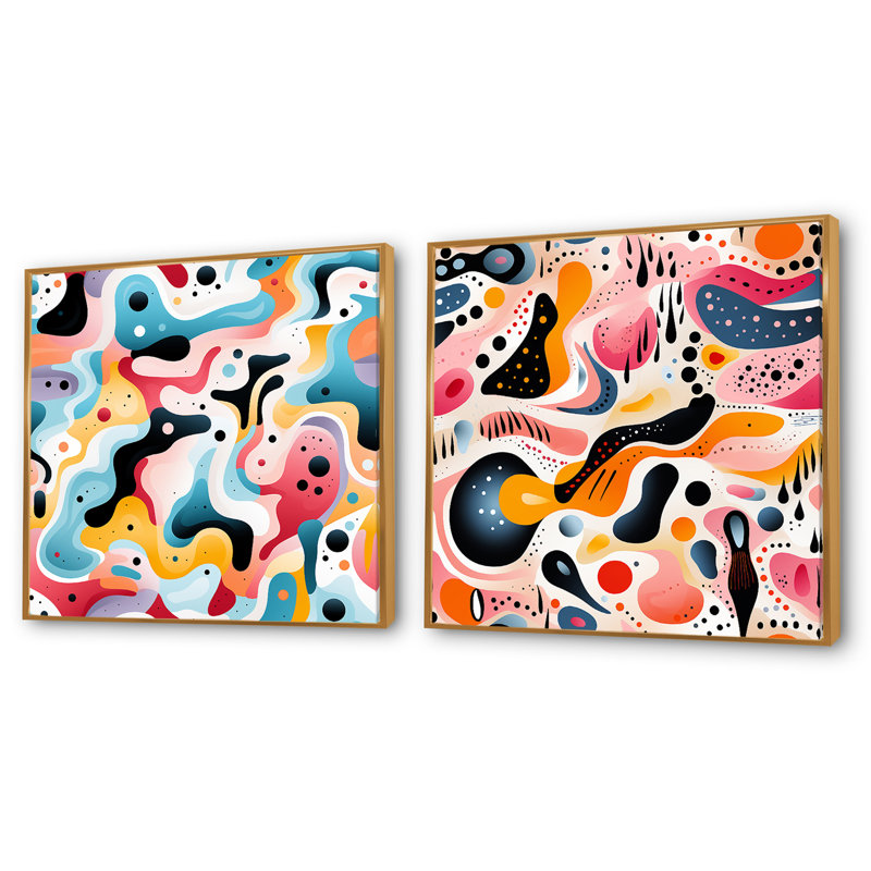 Ensemble de 2 pastels pastel Mid-Century, H 36 po x l 73 po, Cadre flottant doré