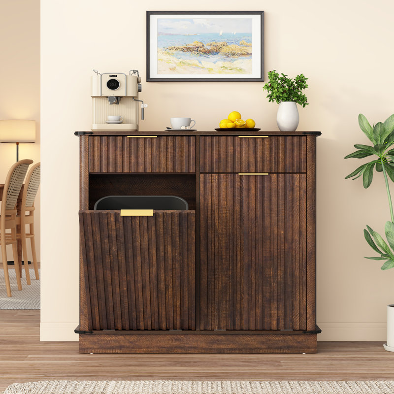 Armoire à poubelle double inclinable, armoire à linge cannelée avec 2 tiroirs et station de chargement, armoire de poubelle cachée en bois de 20 gallons pour la cuisine et le salon (ne comprend pas la poubelle)