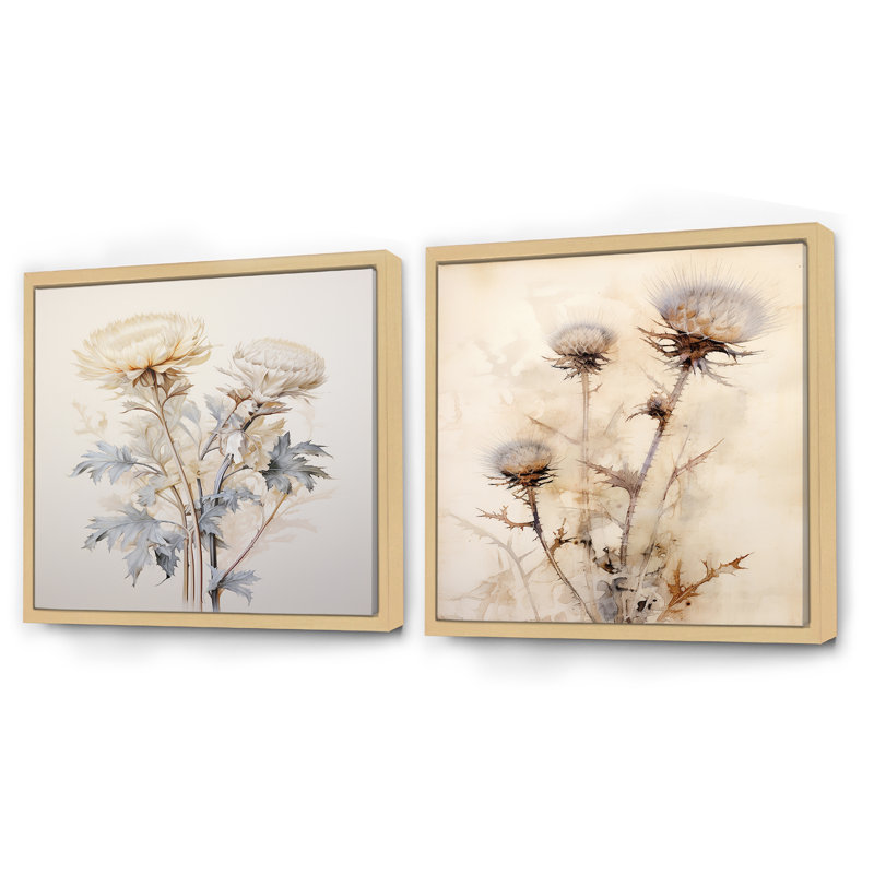 «Beige chardon», ensemble de 2 collages carrés de chardon, Cadre flottant brun, H 36 po x l 73 po