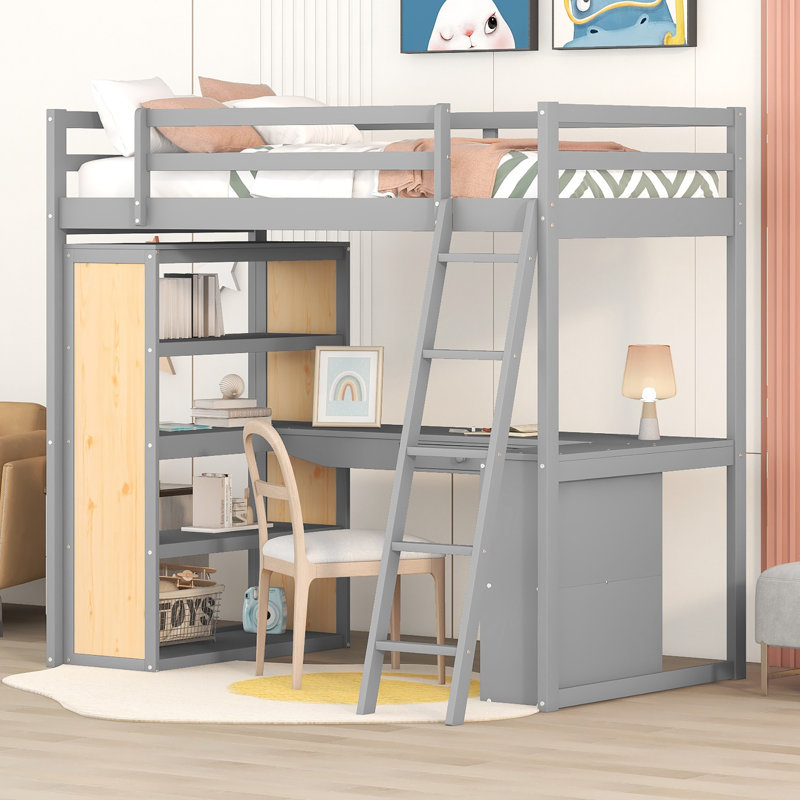 Lit mezzanine avec échelle, tablettes et bureau, Lit simple, Gris