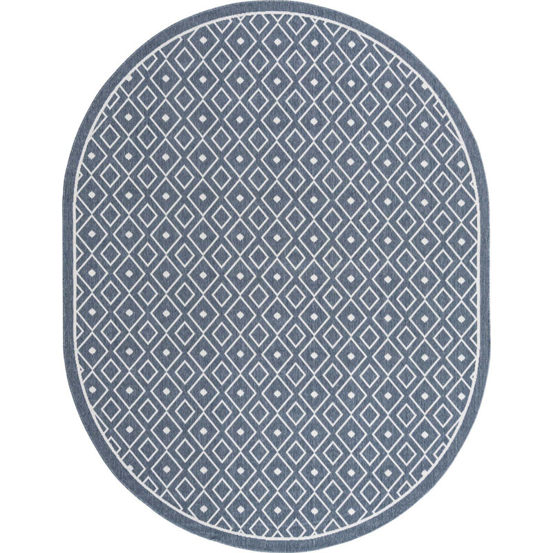 Tapis intérieur / extérieur à motif géométrique bleu marine, Ovale 7 pi 10 po x 10 pi