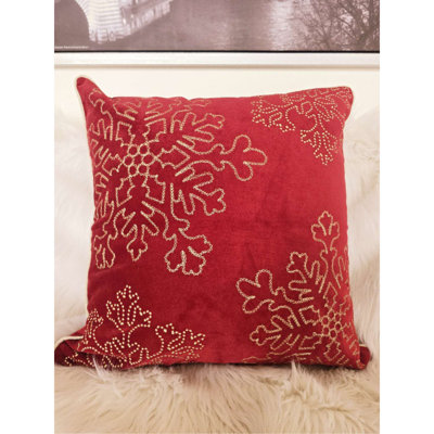 Coussin décoratif rouge en velours 20X20 avec broderie et insert en flocon de neige doré