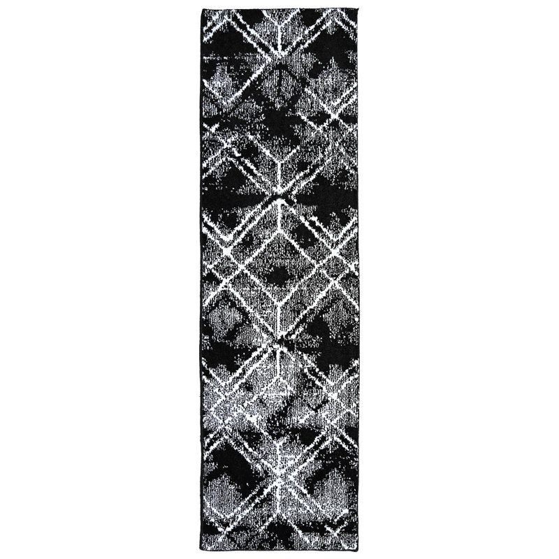 Tapis rectangulaire en polypropylène touffeté à la machine noir / blanc Guilden, Tapis de couloir 2 pi x 7 pi