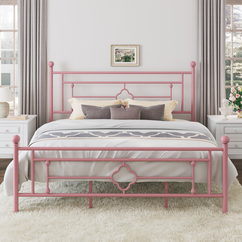 Base de lit plateforme en métal Ajayceon avec tête et pied de lit de style rétro, Très grand, Rose