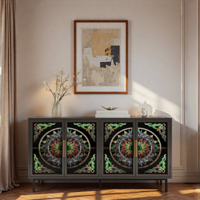 Buffet en métal avec cadre en fer avec portes circulaires en verre teinté, poignées dorées et pieds en métal robustes