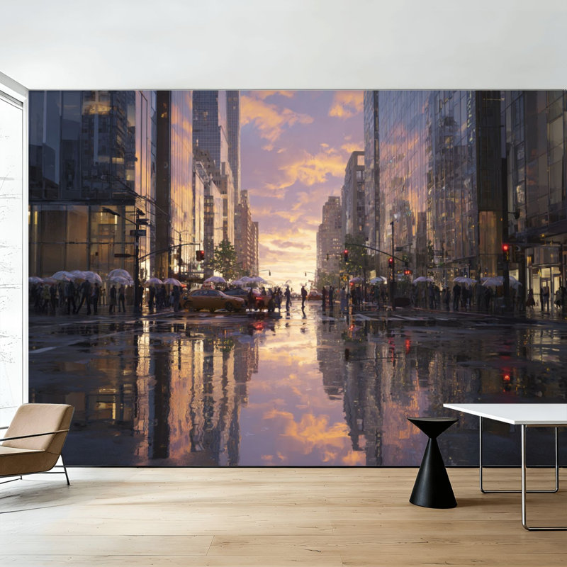 Adhésif mural amovible Peel and Stick City Street Sunset Reflections, L 100 po x l 144 po