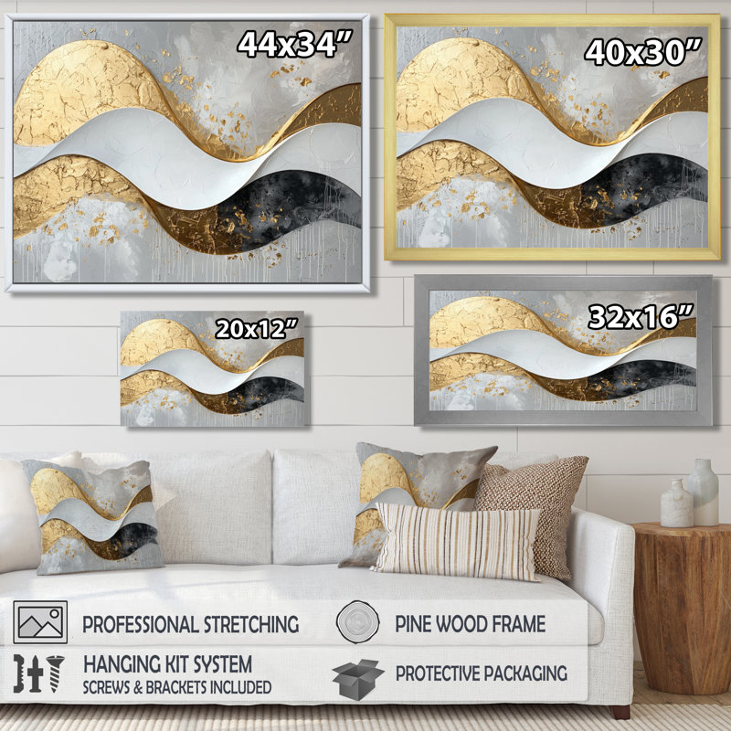 Toile abstraite abstraite «Introspection» en or et blanc I, H 30 po x l 40 po, Cadre flottant, Brun