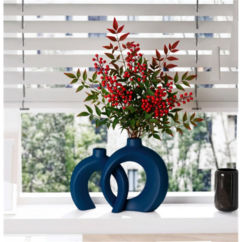 Blue Vase Set Of 2 - Donut Navy Vases Home Decor, Modern Coastal Decor - Decorative Vase, Ceramic Decorations For Living Room Coffee Table Bookshelf Shelf Console Mantle (Matte Navy Blue)