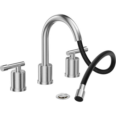 Pull Out Brushed Nickel Bathroom Sink Faucet 8 Inch - 3 Hole Pull-Down Sprayer Bathroom Faucet, Metal Pop-Up Drain, Water Supply Lines, 2 Handles For 3-Hole Sinks