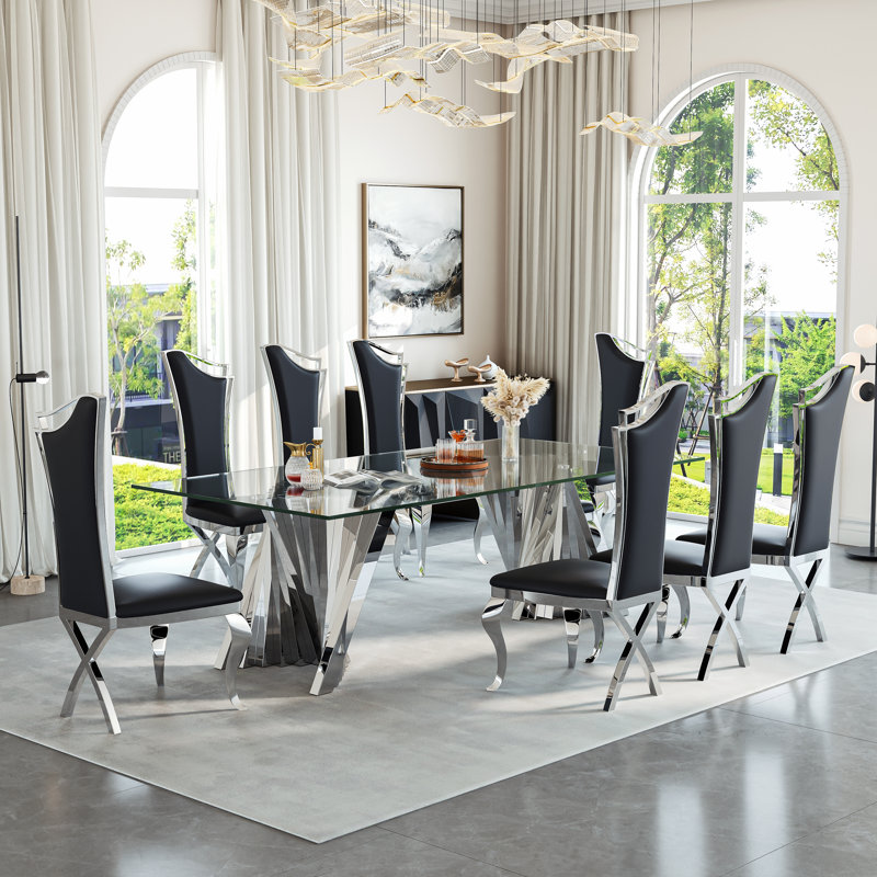 8 - Person Glass Top Double Pedestal Dining Set, Silver, Black/Silver