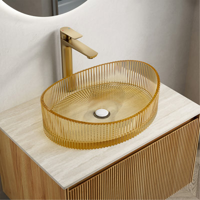 Lavabo de salle de bain en verre cristal de forme Yuanbao 20 pouces, sans robinet, couleur or clair