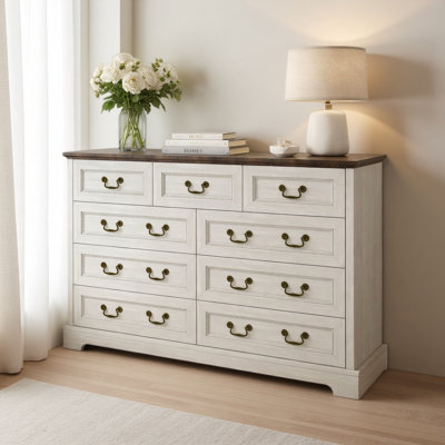 Commode 9 tiroirs Farmhouse, commode en bois rustique avec poignées en métal, large meuble télé avec commode pour la chambre