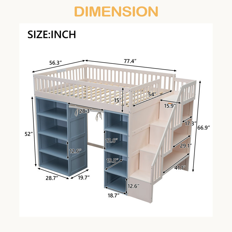 Lit mezzanine double avec 2 armoires de rangement à quatre couches et rideau