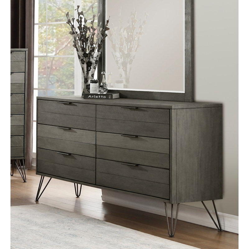 Contemporary Dresser of 6x Storage Drawers Solid Acacia Wood Metal Legs Slat Design Paneling 3-tone Gray Finish Bedroom Furniture 1pc