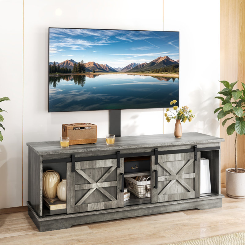 Farmhouse TV Stand With Mount, TV Cabinet With 3 Height Adjustments & Sliding Barn Doors For 32-70" Tvs,, Gray Wood