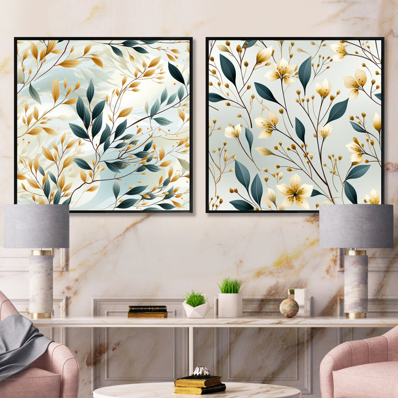 Subtle Whispers IV - Ensemble de 2 collages carrés floral et botanique, H 16 po x l 33 po, Cadre flottant noir