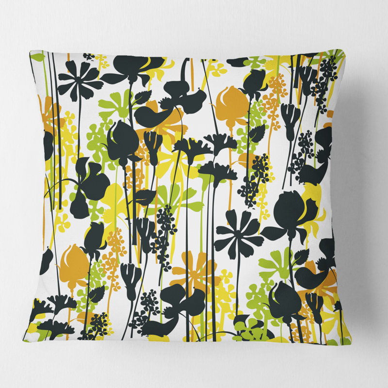 Motif de pré d'été, silhouettes noires - Coussin Mid-Century, 18 po x 18 po