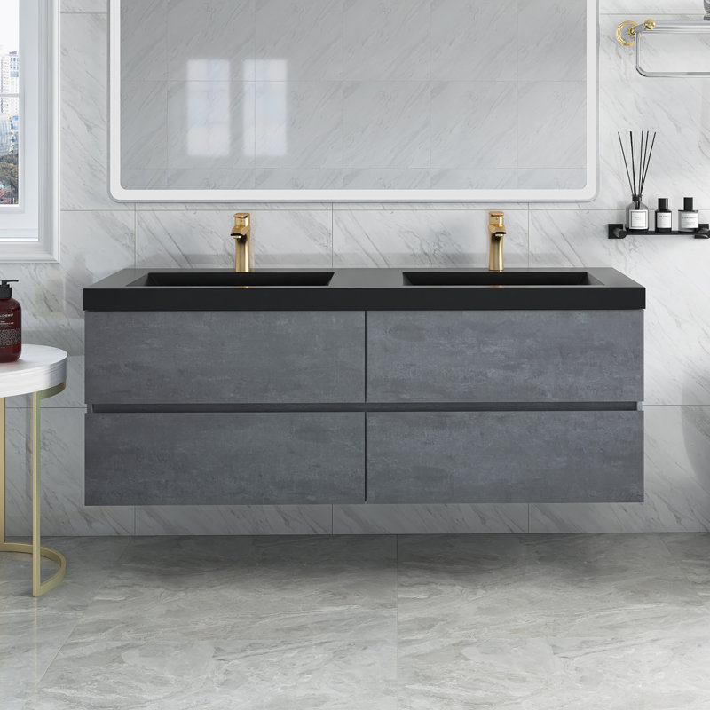 60 po X P 20 po P x 23 po Meuble-lavabo mural double H gris en ciment avec comptoir en quartz noir mat