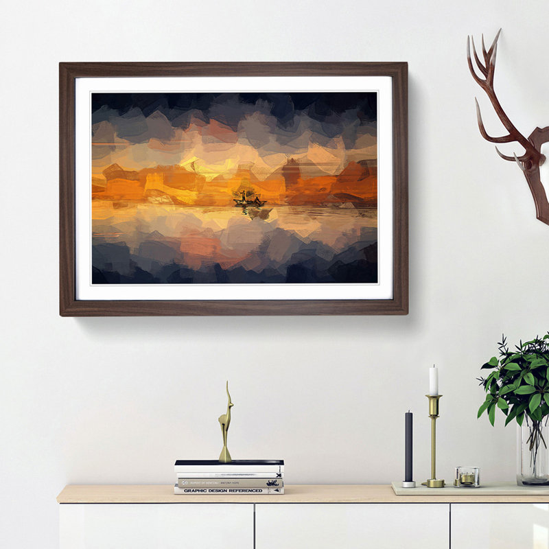 A Boat at Sunset in Abstract - Picture Frame Graphic Art Print, 62cm H x 87cm W x 2cm D, Walnut Framed