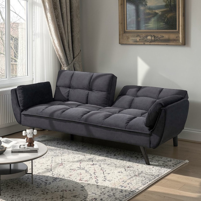 Edriel 74" Convertible Velvet Futon Sofa Bed With Adjustable Backrest, Black