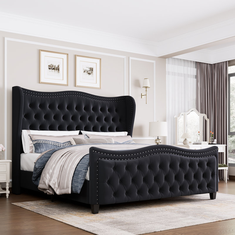 Metter Upholstered Wingback Bed, Black, King