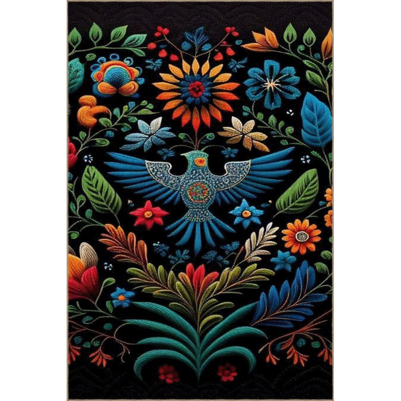 Black Themed Multicolored Flower And Bird Patterned Modern Decorative Carpet, Runner 2'6" x 9'11"