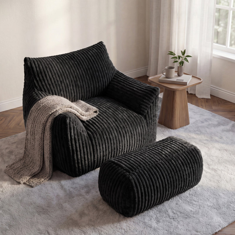 Corduroy Upholstered Accent Chair with Footstool, Black