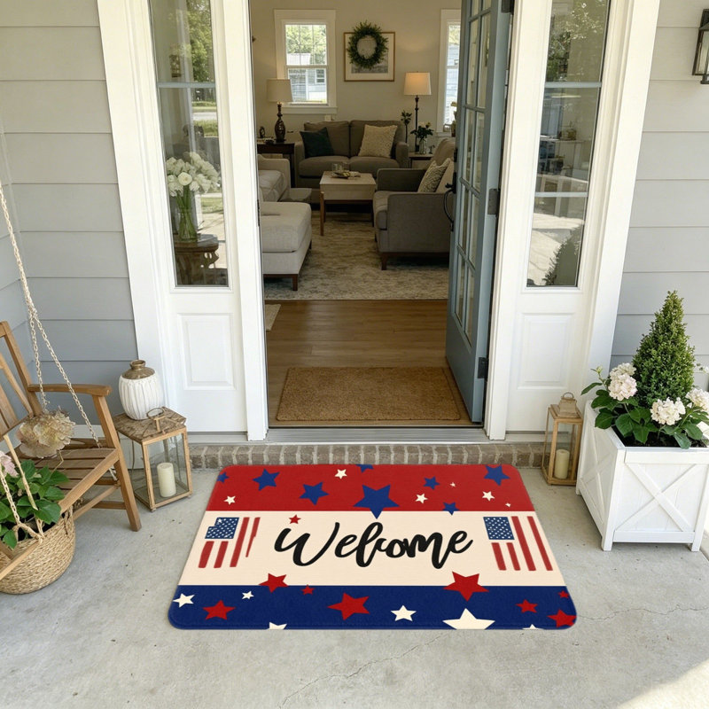 Tapis d'entrée rouge et bleu Welcome