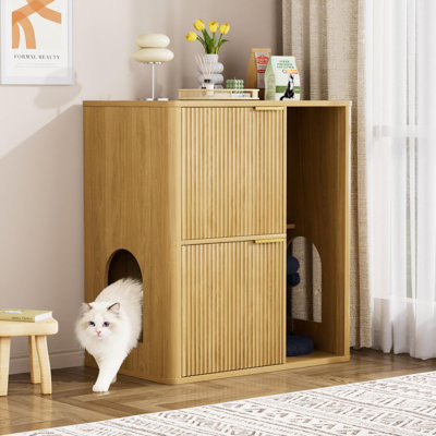 Cat Litter Box Enclosure With Built-in Cat Tree & Scratching Post, Mid Century Modern Hidden Litter Box Furniture Cabinet, Large Wooden Cat House Side Table With Storage Shelf