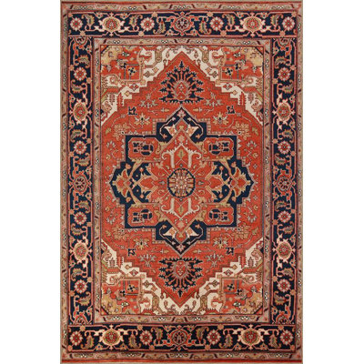 Red Framed Star Traditional Puffy Weave Woven Base Machine Washable Rug