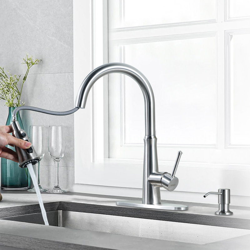 WOWOW Pull Out Kitchen Faucet with Soap Dispenser, Brushed Nickel