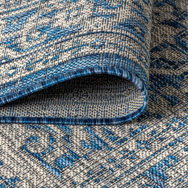 Moten Medallion Textured Weave Navy/Gray Indoor/Outdoor Rug, Round 6'7"