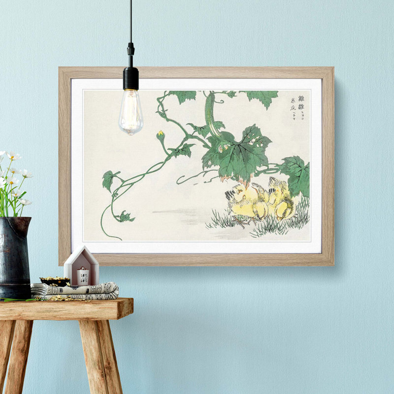 Two Yellow Chicks by Numata Kashu - Picture Frame Painting Print, 36cm H x 48cm W x 2cm D, Oak Framed