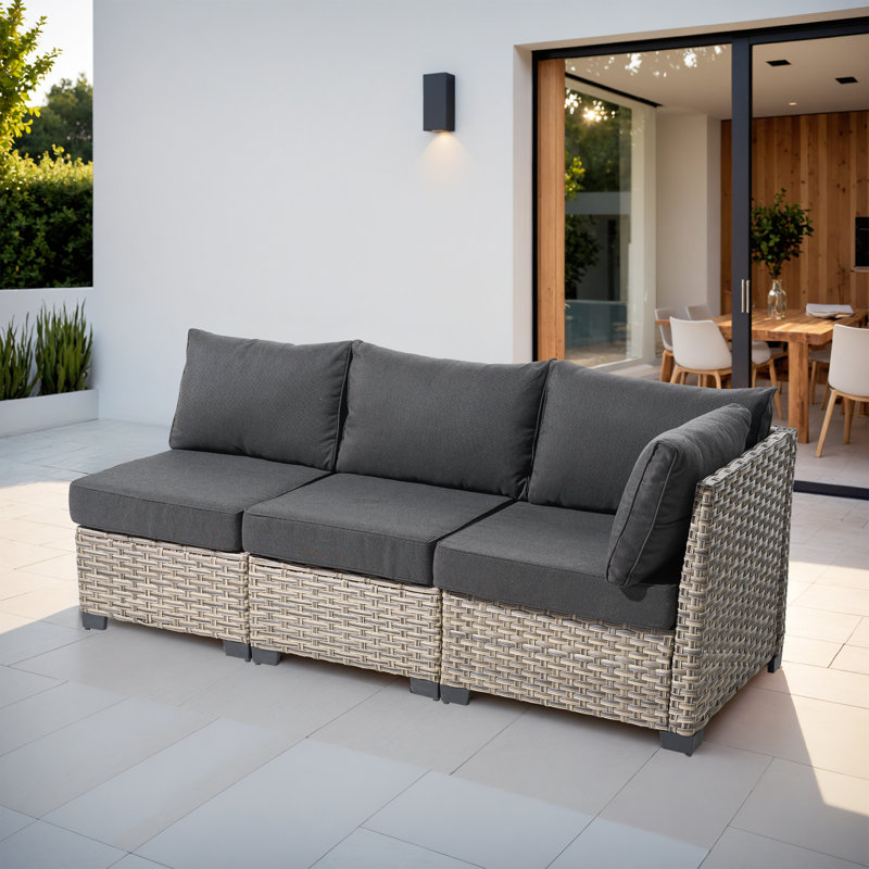 Wahkon Outdoor Patio Sofa Wicker Modular Sectional Set With Cushions, Black