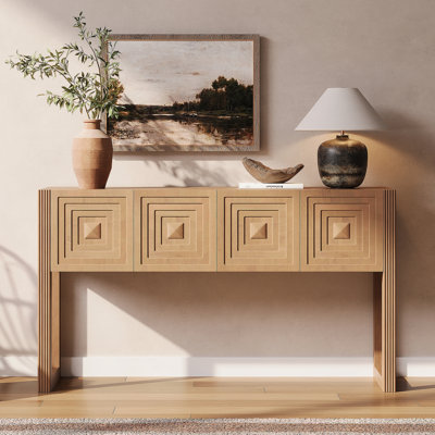 Console géométrique sculptée avec 3 tiroirs à fermeture en douceur, pieds cannelés, canapé d'entrée pour salon, brun clair