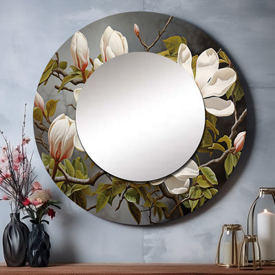 Javontae blanc vert Magnolias Magnolia Serenity - grand miroir Magnolias, décor de miroir mural rond unique traditionnel, impression sur métal