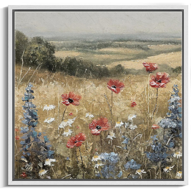 Rustic Countryside Relax Calm Landscape Nature Wildflowers Pictures Large Framed Canvas Wall Art, 16" H x 16" W