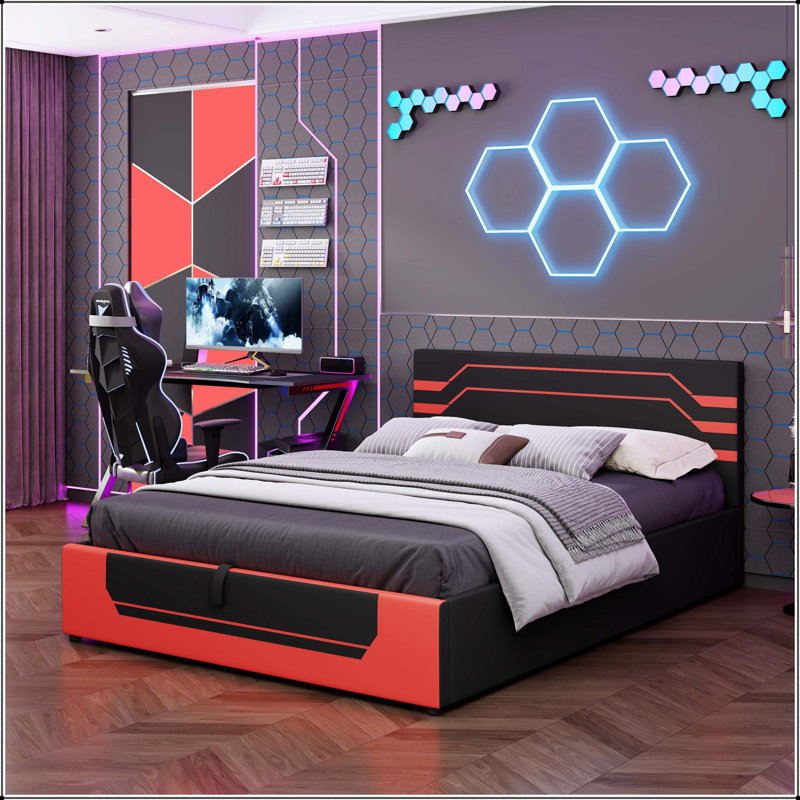 Grand lit de jeu hydraulique avec design Cyberpunk, Black/Red