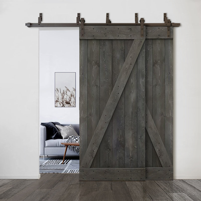 Porte de grange à panneaux et en bois avec quincaillerie d'installation, 92 po x 84 po, Gris carbone