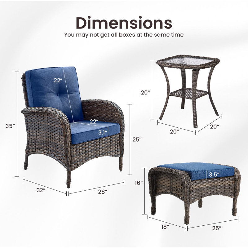 Valierius 5-Piece Outdoor Wicker Patio Chair Ottoman Set, Rattan Coversation Set With Water Resistant Cushions, Blue