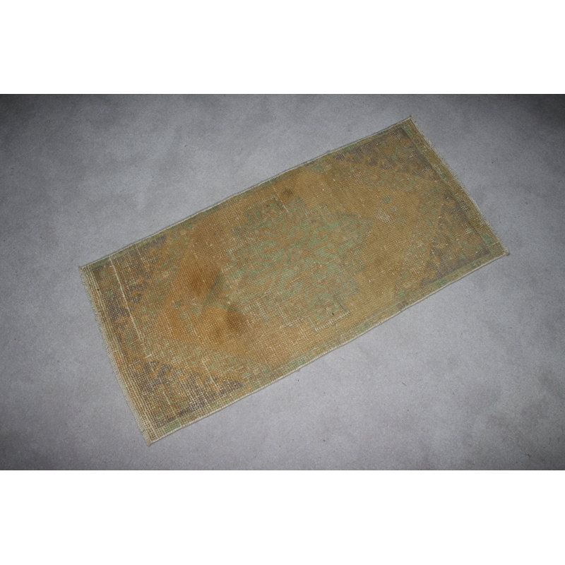Handmade Antique Small Muted Oushak Rug in Yellow for a Colorful Kitchen Entry and Door Mat Decoration from Turkey