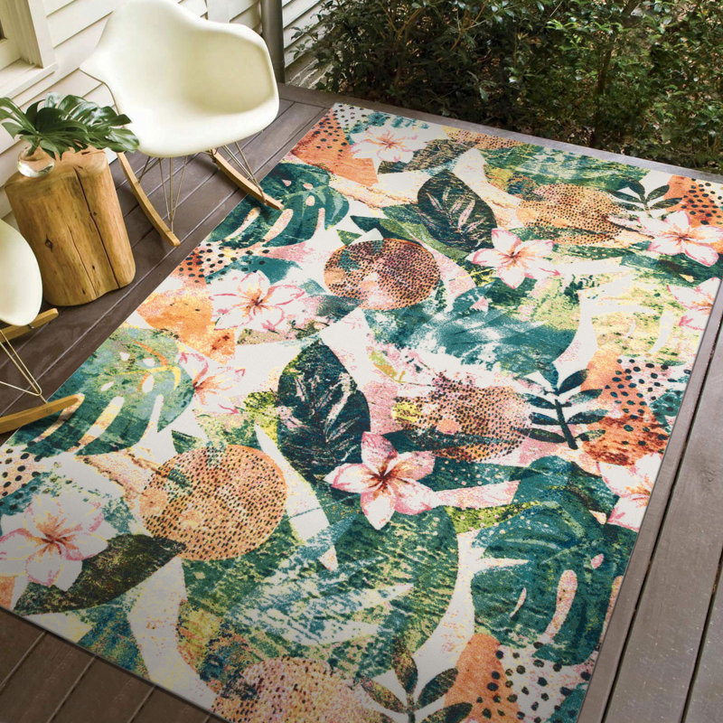 Tapis d'extérieur Sunshine Blooms rose et feuilles tropicales vertes rose / vert / orange, Rectangle 3 pi 6 po x 5 pi 6 po