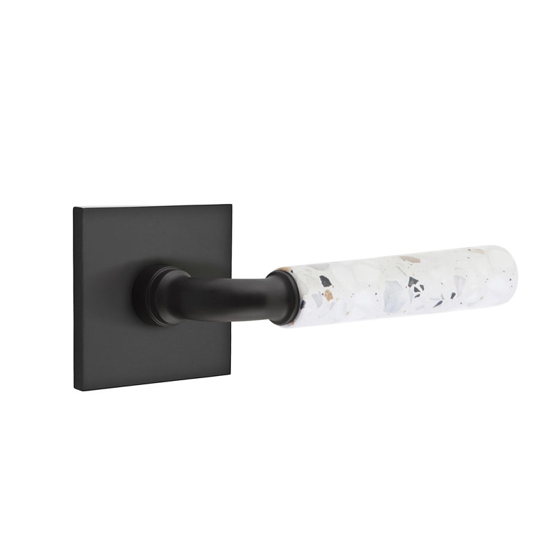 Mortaise intérieure Emtek Select Passage avec rosette carrée et tige R-Bar, levier Terrazzo clair, Dos plat, Gauche