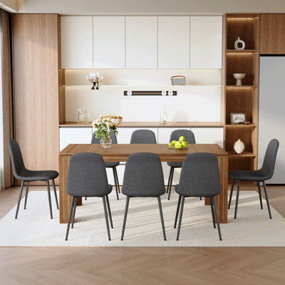 Table And Chair Set.71 × 31.5 Inch Walnut Wood Grain Dining Table.Paired With 8 Dark Gray Linen-Cotton Material Chairs,Modern Light Luxury Restaurant Furniture.Home Dining Table And Chair Combination.