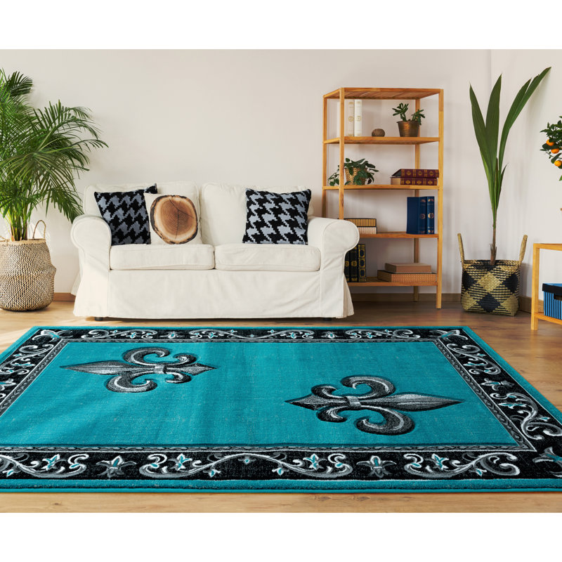 Tapis à bordure turquoise / noir / gris Goines, Rectangle 5 pi 3 po x 7 pi 6 po