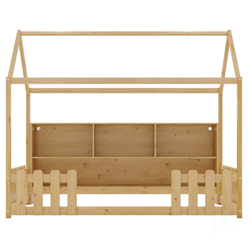 Lit simple avec lumière DEL, lit maison en bois avec bibliothèque de rangement, lit maison au sol avec garde-corps pour enfants