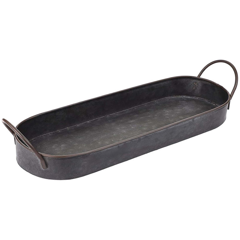 Industrial Style Galvanized Metal Tray with Handles Rustic Decorative Oval Serving Organizer for Coffee Table Home