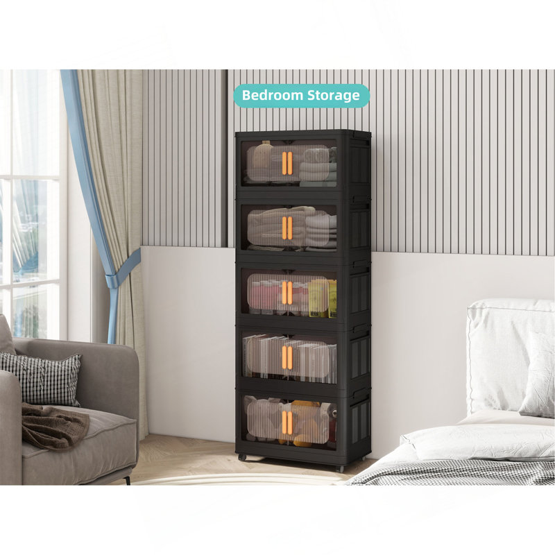 20" Side Wide Folding Storage Cabinet ,5 Tiers,19.69"×11.81"×50.00",Collapsible Storage Bins With Magnetic Door, Plastic Storage Cabinet With Wheels