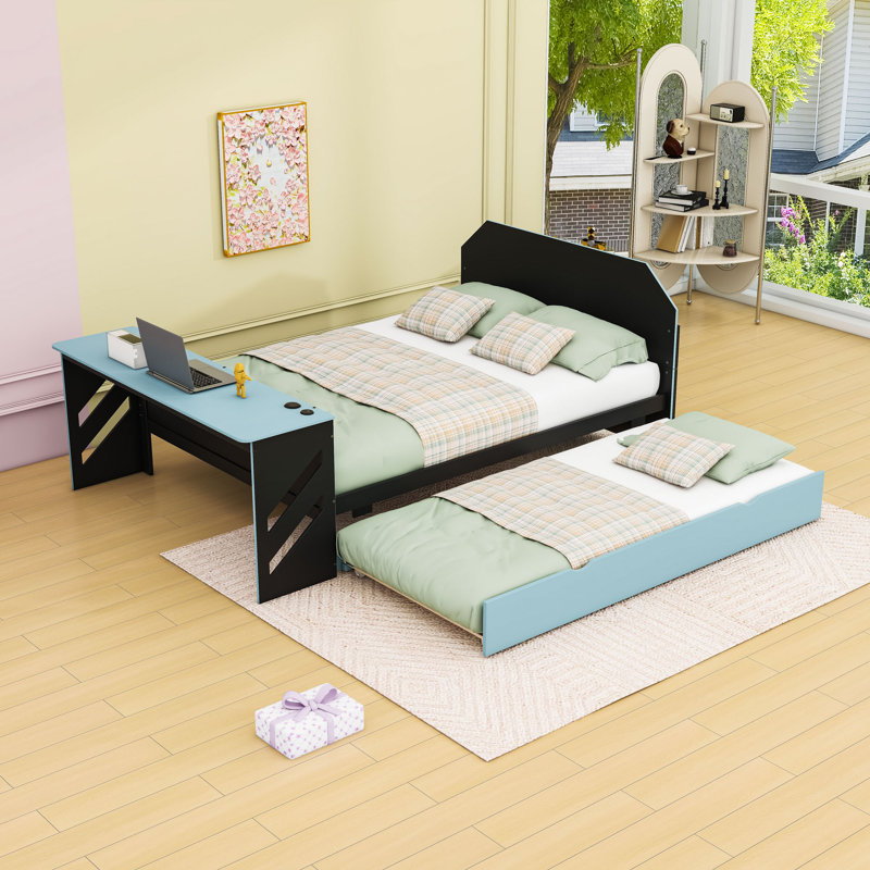 Lit de jour double avec couchette simple, port USB et bureau intelligent, Bleu nuage