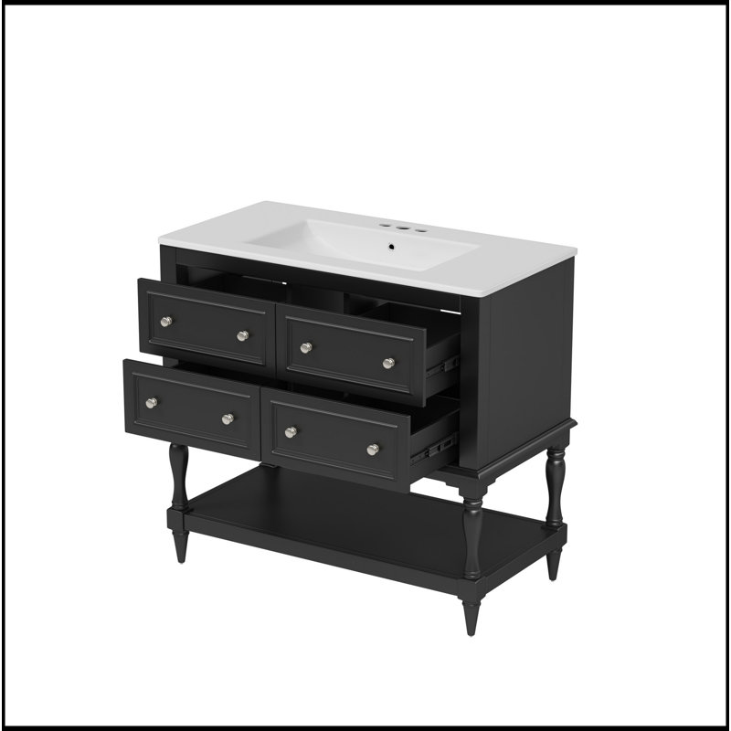 Ensemble de meuble-lavabo 36 po avec ensemble de meuble-lavabo, lavabo en céramique encastré, ensemble de meuble-lavabo autoportant avec 4 tiroirs, armoire de salle de bain avec cadre en bois massif